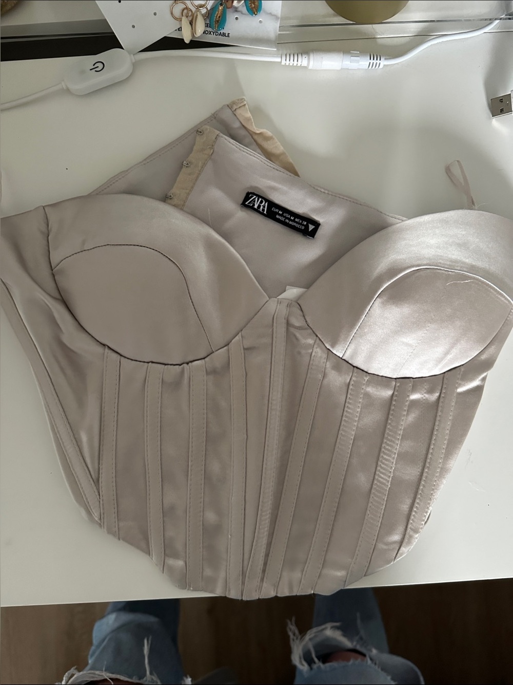 Zara Satin Corset Bustier in Light Champagne Beige